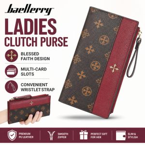 Baellerry Women Long PU Leather Wallet Large Capacity With Multiple Card Slots Wrist Strap Clutch Purse For Daily Travel Shopping Burgundy