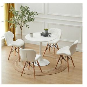 Dining Table & Leather Chair With Wood Leg(Set Of 4) White
