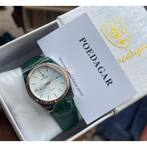 POEDAGAR Classic Men's High Quality Green Leather Wristwatch With Stainless And Rosegold Surface