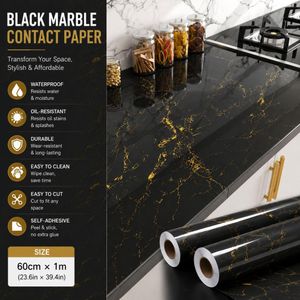 60cm × 1m Black Marble Contact Paper, Self-Adhesive Waterproof Oil-Resistant Wallpaper for Kitchen Countertop & Cabinet