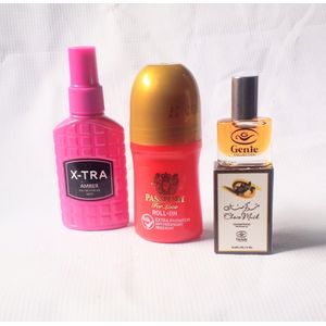 Perfume Combo 3 in 1 of Xtra Pink Amber  Body Spray 50ml EDP, Passport for Love Roll On 50ml and Choco Musk Oil Perfume 5ml(Unisex), NAFDAC Number: Spray: A2-102698, Roll On: 02-8926, EDP: A2-105055