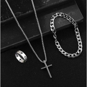 3Pcs Men's Silver Stainless Steel Jewelry Set: Cross Necklace, Bracelet & Ring