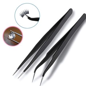 2-Piece Black Stainless Steel Straight , Curved Tweezers Set for Eyelash Extensions, False Eyelash Application Tools
