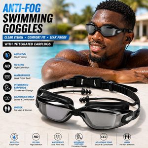 Plated Anti-Fog Swimming Goggles with Integrated Earplugs, HD Plain Lens Waterproof Swim Glasses for Men and Women, Black