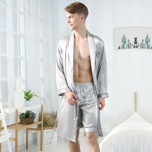 Two-piece Ice Silk Pajamas For Men-Grey Robe + Shorts