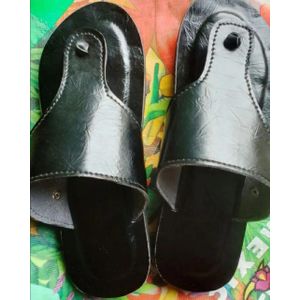 Male Leather Unique Toe Slippers - Black