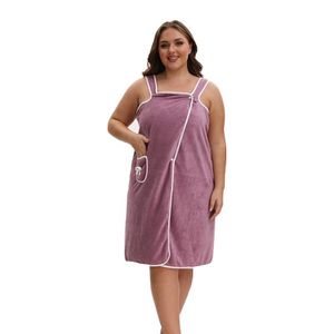 Plus Size Wearable Bath Towel Dress, Super Absorbent Thick Coral Fleece Bath Wrap with Adjustable Shoulder Straps, Cute Bow Pocket Design, Quick Dry Sleeveless Bath Robe Skirt for Women, Dusty Purple