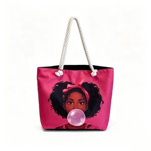 Spacious Magenta Nylon Canvas Tote Bag with Woman Art Print – Casual Shoulder Bag for Everyday Use