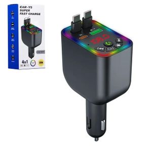 CAR-Y5 Super Fast Charger 4-in-1 120W Bluetooth Car FM Transmitter, Retractable Type-C & Lightning Charging Cable, RGB LED Display