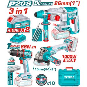 TOTAL  3-Piece Cordless 3-piece combo kit: hammer + 66N drill + angle grinder with 2 x 4Ah batteries