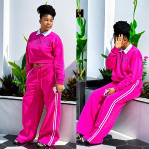 Queen Bee Women's Premium Luxury Two-Piece Tracksuit Set – Oversized Crop Sweatshirt & Wide Leg Palazzo Jogger Pants Casual Fashion Outfit – Pink