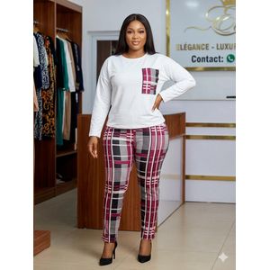 Women’s 2-Piece Top & Trouser Set – White Long Sleeve Top & Plaid Pants