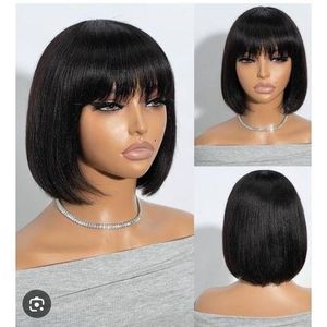 Real hair short straight bob fringe wig natural color 8 inches