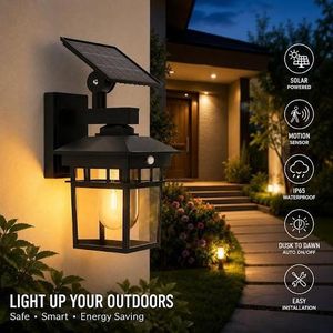 Solar Powered Outdoor Wall Lantern – Motion Sensor Wall Sconce with Vintage LED Edison BulbSolar Powered Outdoor Wall Lantern – Motion Sensor Wall Sconce with Vintage LED Edison Bulb