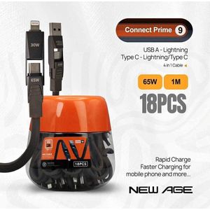 New Age Connect Prime 9 65W (4-in-1 Multiport) 1M Type C To Lightning Cable + IPhone Cord
