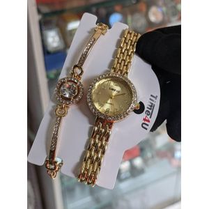 Elegant Ladies Gold Watch with Crystal Stones & Bracelet Set