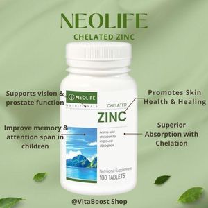 Neo NATURAL NEOLIFE GNLD Chelated Zinc - 100 Tablets (Single) Highly Absorbable Zinc for Immune, Eye, and Prostate Support