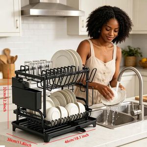 Double-Layer Dish Rack with Drain Board, Kitchen Storage Organizer for Plates, Cups, Knives and Cutting Boards