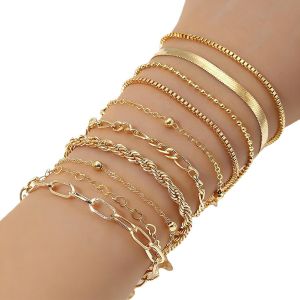 10-Pcs Gold Bracelet Set - Stackable Cuban Chain & Bangle Layered Bracelets for Women
