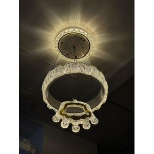 Modern Dual Ring LED Crystal Chandelier – Floating Halo Pendant Ceiling Light with Starry Base Canopy for Living Room & Dining Area