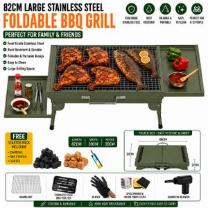 82CM Foldable Stainless Steel BBQ Grill Set – Complete Outdoor Barbecue Kit With Charcoal Starter Pack