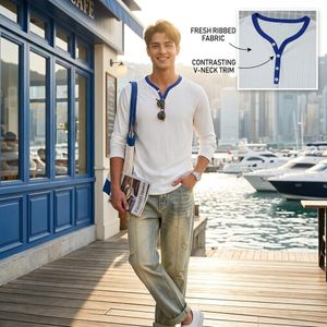 Soft Stretch Comfortable,Men's Long Sleeve Ribbed Henley Shirt with V-Neck Distinctive,Contrast Piping,Casual Base Layer Tee Lightweight Athletic Tee Tops