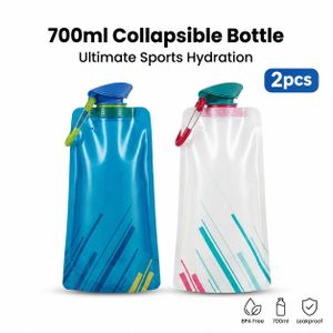 2-Pack 700ml Foldable Water Bottle, Leakproof Rollable Sports Bottle with Clip for Travel Camping Gym Commute