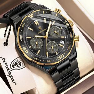 POEDAGAR Black gold Dial black Chain Chronograph Watch