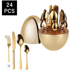 24PCS LUXURY STAINLESS STEEL CUTLERY SET WITH EGG SHELL DESIGN CASE