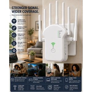 300Mbps WiFi Repeater Extender Signal -Booster Dual Band 2.4GHz 5GHz Wireless Router With 6 Antennas Ethernet Port 360 Degree Home Network Coverage Internet Range Extender