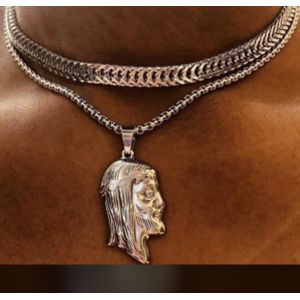 Silver Steel Carpet Chain With Side Jesus Piece Pendant