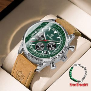 BINBOND BINBOND Multifunctional Men's Quartz Watch Vintage Leather Strap Wristwatch Brown Strap Green Dial Free Bracelet