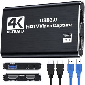 USB 3.0 HDMI video capture card, supports 4K passthrough and 1080P 60FPS recording.