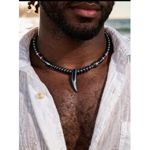 Men’s Black Beaded Necklace with Statement Black Teeth Pendant  Premium Stone Choker with Red & Silver Accents  Bold Stylish Necklace for Casual & Luxury Wear