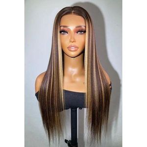 Lace Closure Brown Long Wig With Blonde Highlights Bone Straight