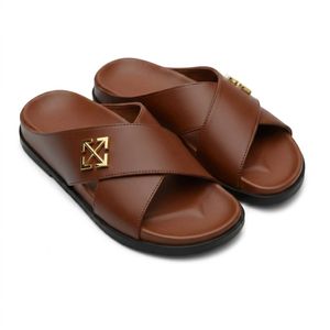 Handmade Neutrend Men’s Luxury Leather Slides – Cross Strap Designer Slippers – Brown
