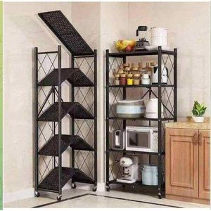 5 Tier Foldable Kitchen Storage Rack With Wheels – Heavy Duty Multipurpose Metal Shelf Organizer