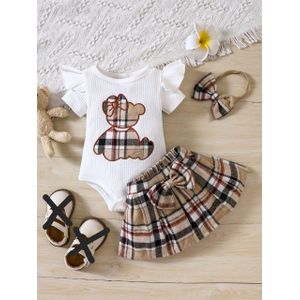 Baby Girl Clothes Short Sleeve Bodysuit +skirts+headband-white