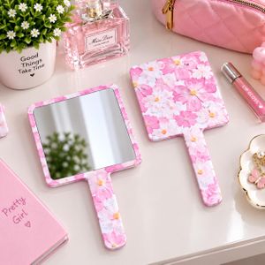 Pink Floral Handheld Makeup Mirror with Handle – Portable Beauty & Personal Grooming Mirror