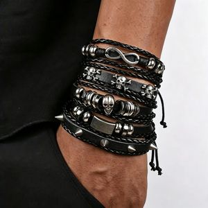  Punk Leather Bracelet Set Vintage, Multi Layer Skull Rivet Woven Bracelets, Gothic Rock Street Jewelry For Men Women