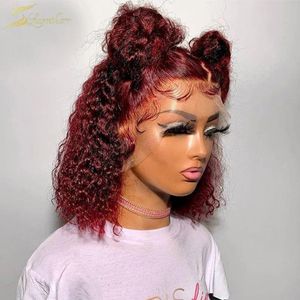 99j Burgundy Pixie Cut frontal wig Red Brazillian Short bob curly lace frontal wig water deep wave pre plucked 13x6 