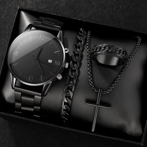 4pcs men's black minimalist quartz watch set with bracelet, necklace, and ring