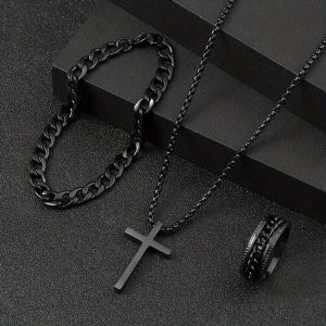 3PC Men's Black Alloy Jewelry Set: Cross Necklace, Bracelet & Ring