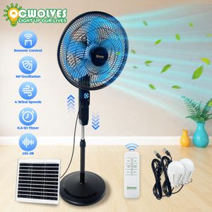 QCWOLVES 18 Inch Standing Fan Industrial Fan, Solar Fan with 4 Speeds, Wide-Angled Oscillation, Remote Control, Powerful Airflow, Adjustable Height, Pesestal Floor Fan for Bedroom with 2 LED Light Bulb, Black