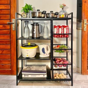 Multifunctional Kitchen Storage Rack with Wire Baskets and Flat Shelves, 4-Tier Metal Organiser for Microwave, Fruits, Vegetables and Kitchen Appliances