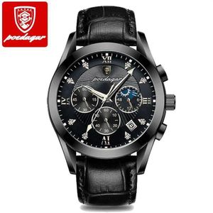 POEDAGAR Premium Super Exclusive Chronograph Designer Black Beautiful Leather Wristwatch 