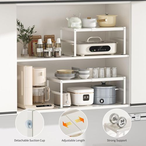 Generic White Adjustable Kitchen Shelf Organizer Expandable Cabinet & Countertop Storage Rack for Plates - image 2
