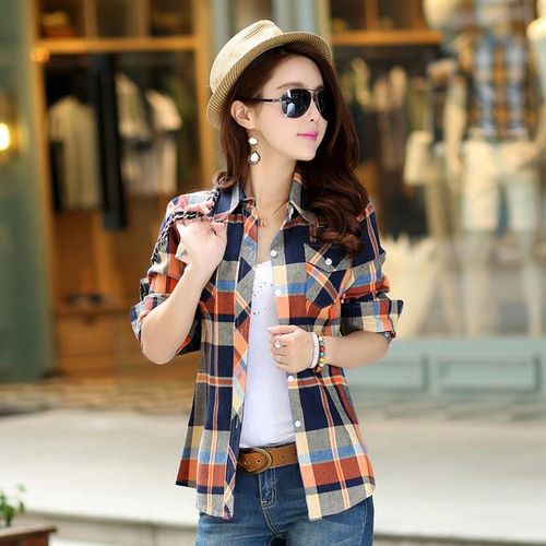 Generic Girls Long Sleeve Cotton Checkered Shirts Blouse British Women's  Casual Plaid Shirt Clothes For Female