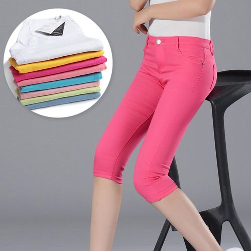 Fashion （Light Blue）Women's Capris Summer Pants For Women Candy Pantalon  Femme High Waist Black Short Trousers Summer Capris Pants Women Stretch WJu