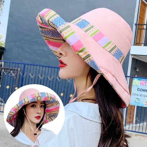 Fashion （MZ362 Pink）Women Bucket Hat Wide Brim Sun Hats Metal Wired Edge  Summer UV Protection UPF Boho Cap For Beach Hiking Garden Travel Chin Strap  DON